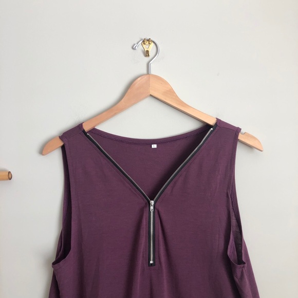 Sleeveless 1/4 Zip Pocket Drawstring Waist Romper Purple - Picture 4 of 7